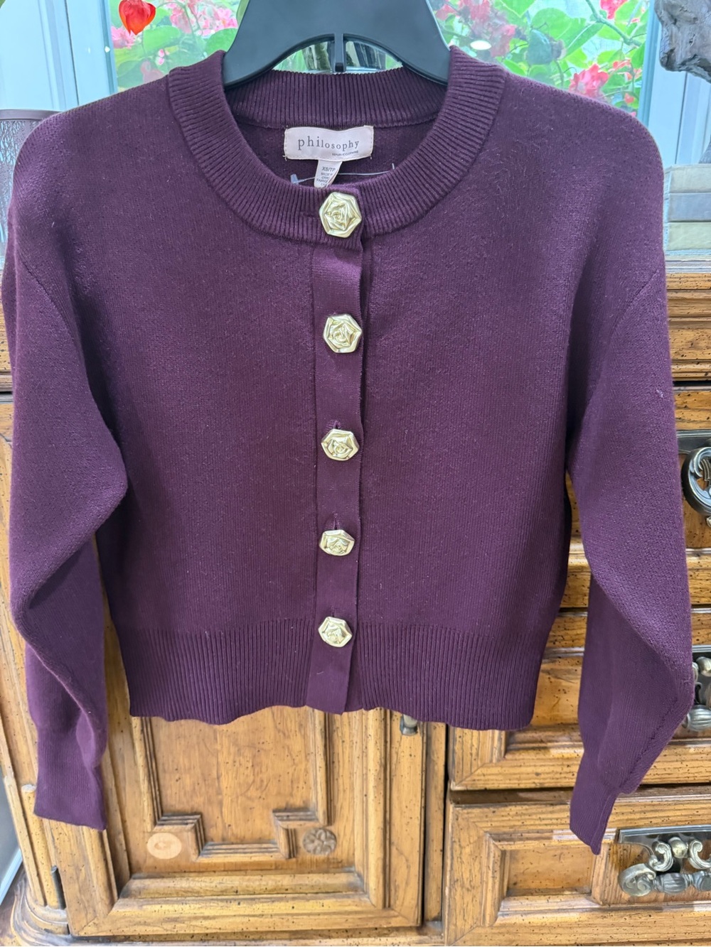 Philosophy Plum Button-Front Crewneck Cardigan with Gold Rose Buttons